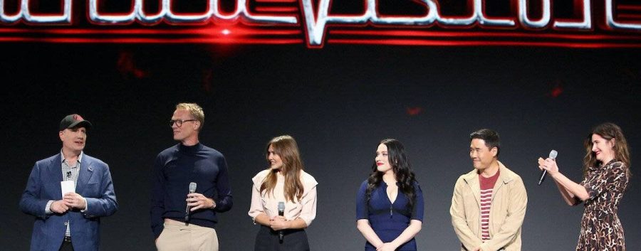 ANAHEIM, CALIFORNIA - AUGUST 23: (L-R) President of Marvel Studios Kevin Feige, Paul Bettany, Elizabeth Olsen, Kat Dennings, Randall Park, and Kathryn Hahn of WandaVision took part today in the Disney+ Showcase at Disney’s D23 EXPO 2019 in Anaheim, Calif.  WandaVision will stream exclusively on Disney+, which launches November 12. (Photo by Jesse Grant/Getty Images for Disney)