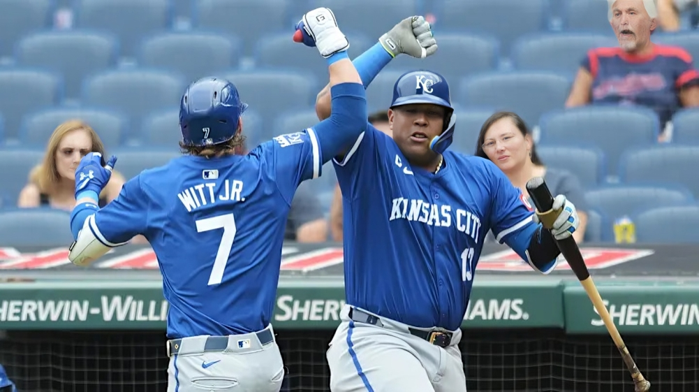 Salvador Perez and Bobby Witt Jr. are celebrating a home run. According to ESPN, Bobby Witt Jr. is the first player in MLB history to record three consecutive 20-homer, 20-steal seasons to start their career. Photo provided by Ken Blaze Images.
